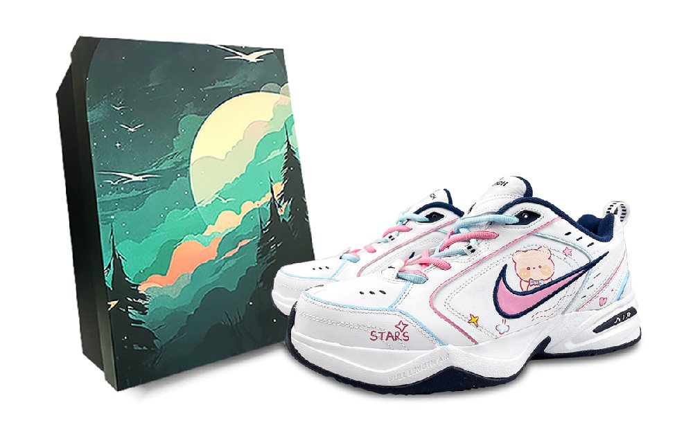 Nike Air Monarch 4 White Navy Anti-Slip And Wear-Resistant Height Increasing Low-Top Chunky Sneakers Unisex White Pink