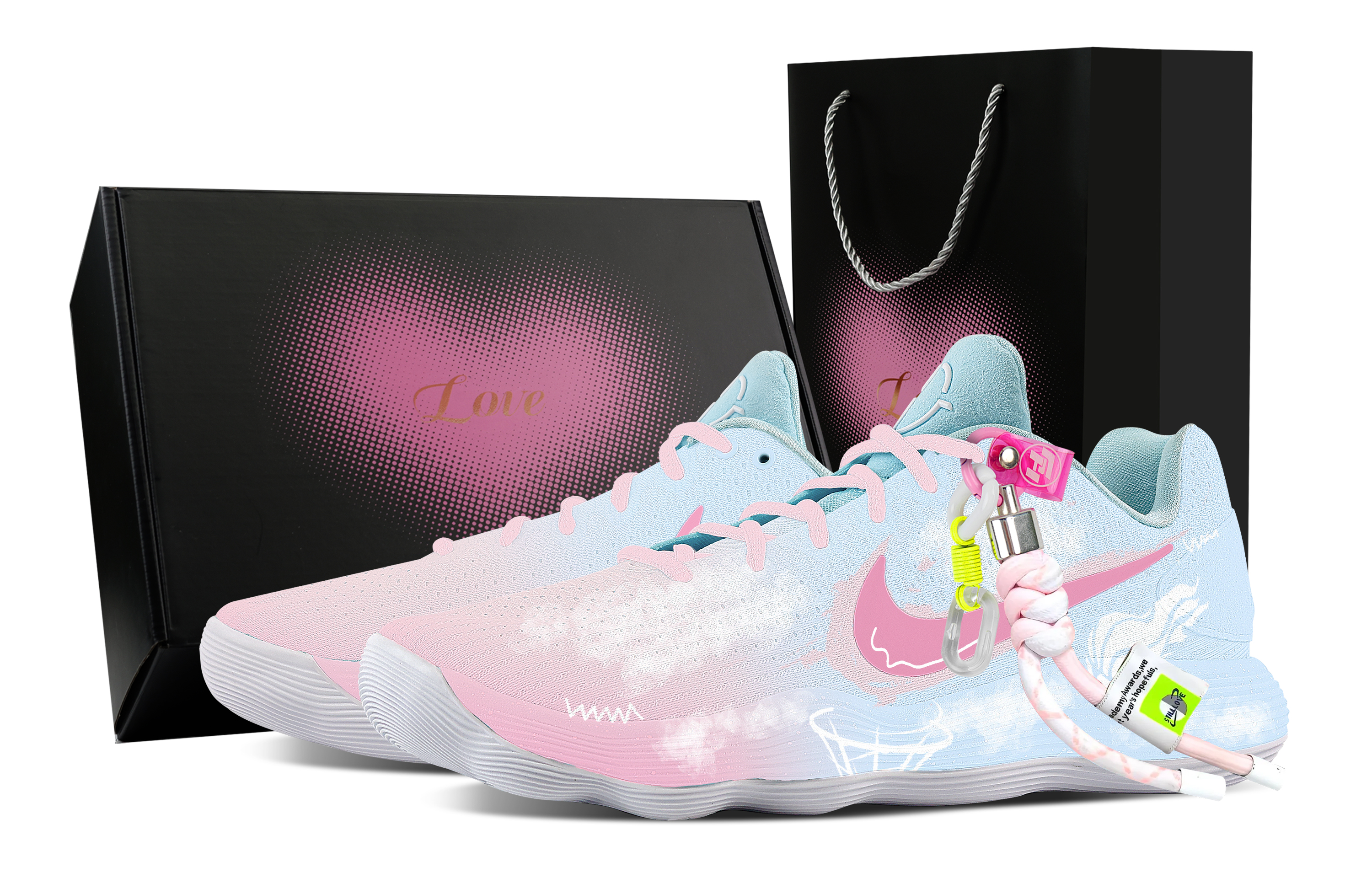 Nike Hyperdunk 2017 Heartbeat, Heart Box Cushioning Coverage Support Low top Basketball Shoes Men's White Pink Blue
