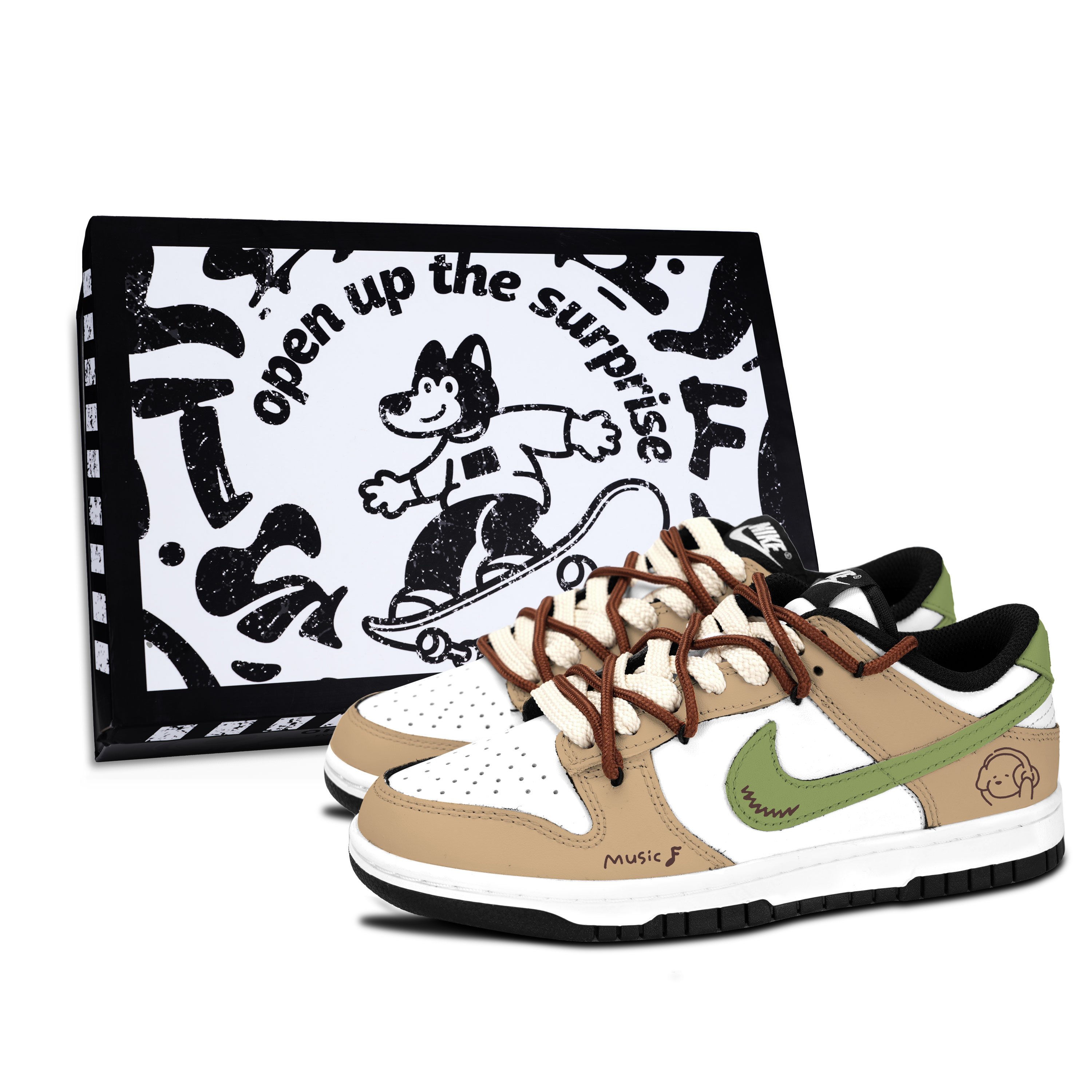 Nike Dunk Black White, Brown Green Fun Cute Slip Resistant Abrasion Resistant Low top Skateboard Shoes Unisex
