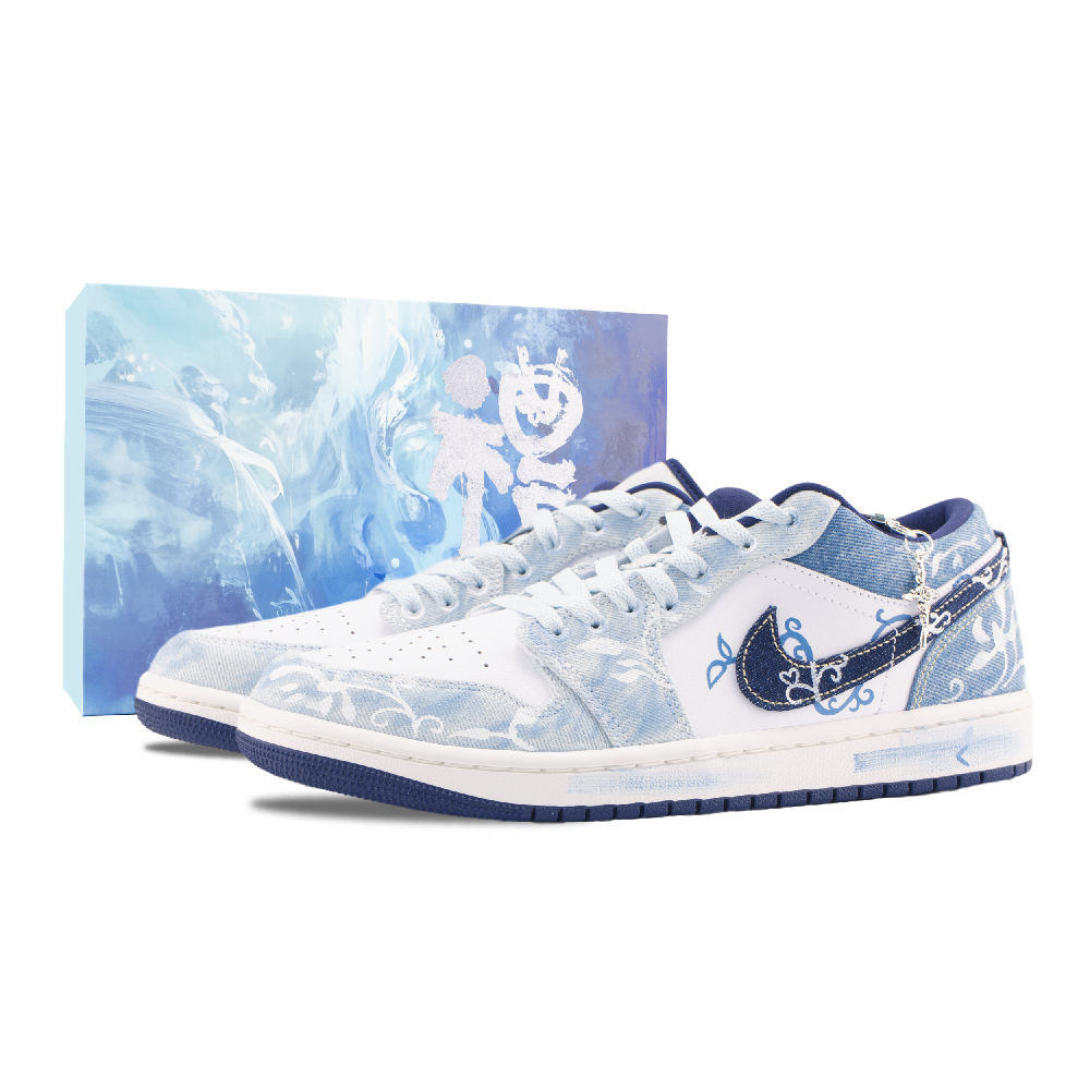Jordan Air Jordan 1 Celadon Misty Rain Abrasion Resistant Low Top Vintage Basketball Shoes Men's Navy Blue