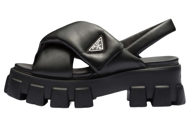 PRADA Monolith Padded 55mm Sandals Black Nappa Leather Women's