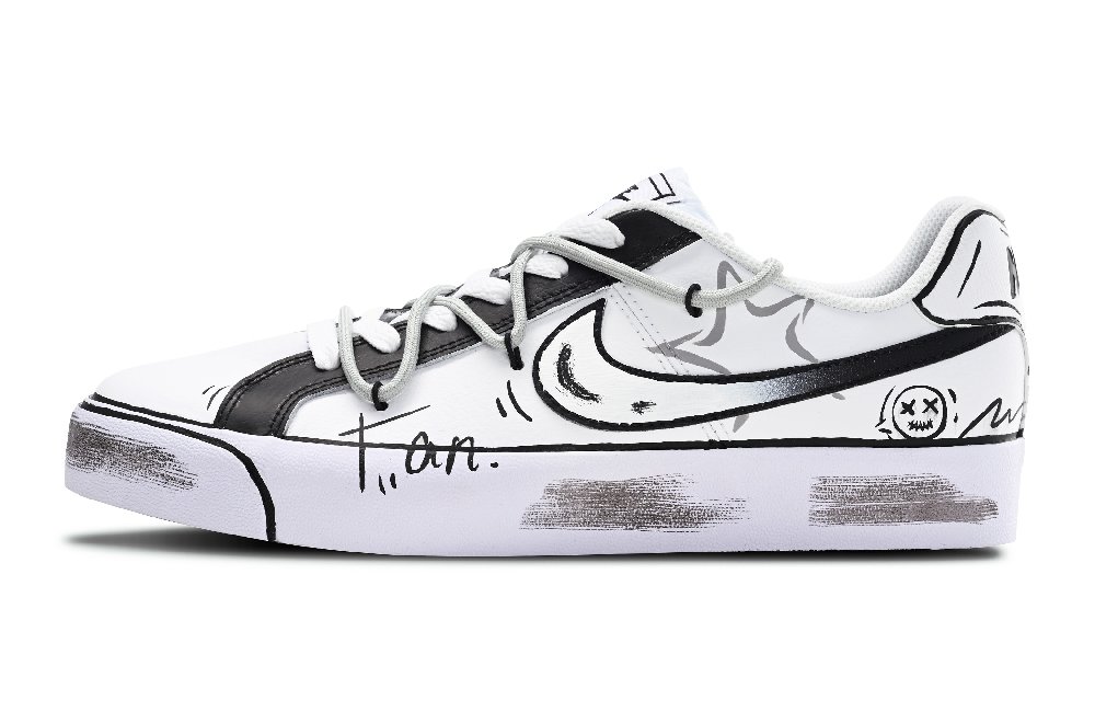 Nike Court Royale Graffiti Brush Non slip Lightweight Low Top Skateboard Shoes Men's Black White