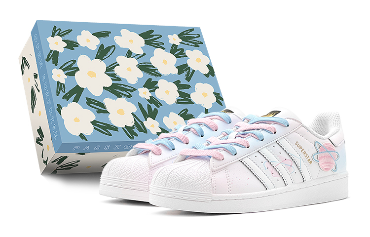 Adidas Originals SUPERSTAR Spring Outing Season, Candy Planet Slip Resistant Low Top Skateboard Shoes Unisex Pink Blue