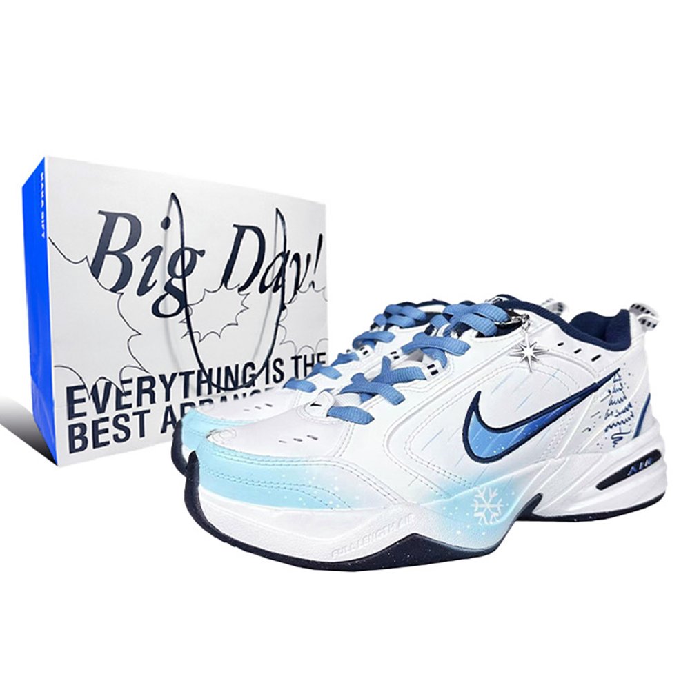 Nike Air Monarch 4 Anti-Slip Wear-Resistant Low-Top Chunky Sneakers Unisex White Blue