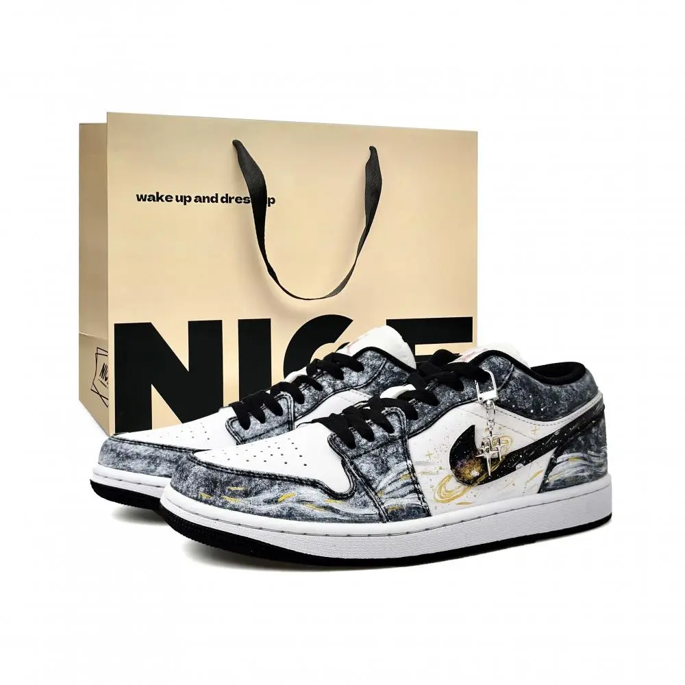 Jordan Air Jordan 1 Shopping Bag, Starry Sea Wander Low top Vintage Basketball Shoes Unisex Black White Gold
