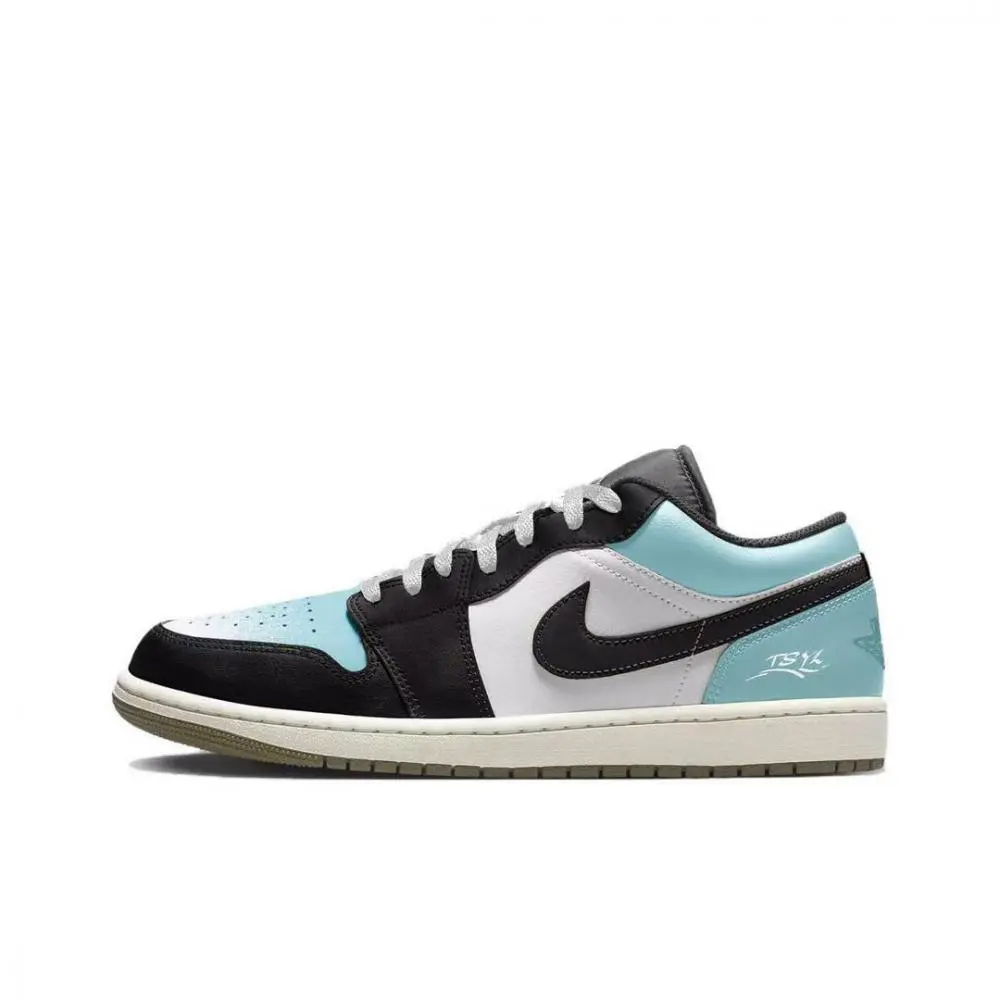 Jordan Air Jordan 1 Cushioning, Wear Resistant Low top Vintage Basketball Shoes Unisex Black And White Cyan