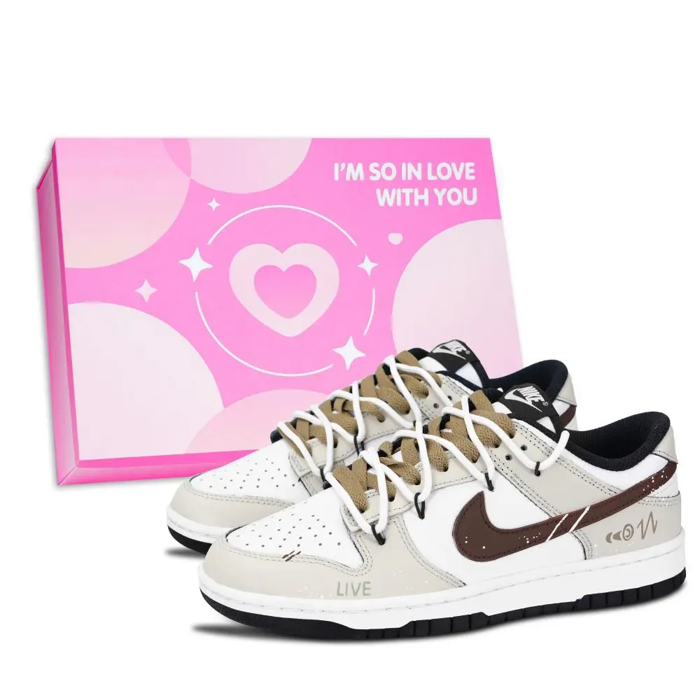 Nike Dunk Black White, American Reporting Pink Shoe Box Abrasion Resistant Low top Skateboard Shoes Unisex Beige