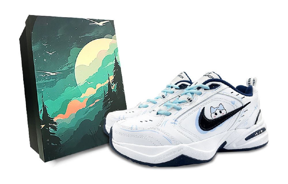 Nike Air Monarch 4 White Navy Anti Slip And Wear Resistant Height Increasing Low Top Chunky Sneakers Unisex White Blue