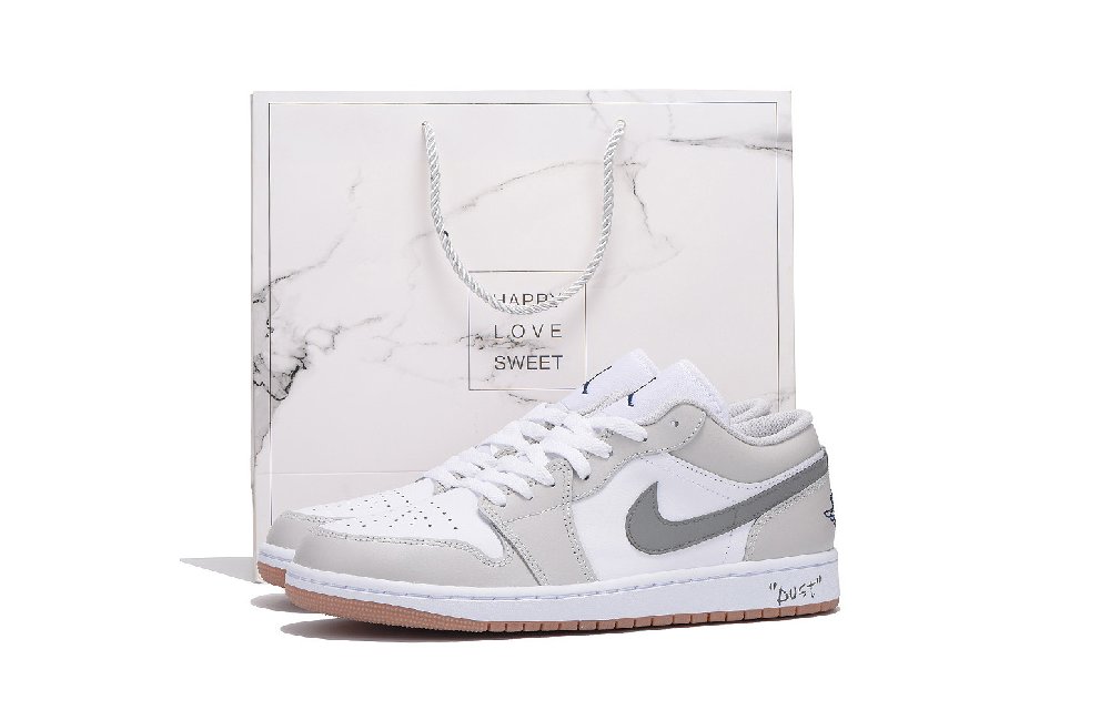 Jordan Air Jordan 1 Slip Resistant And Abrasion Resistant Coverage Low Top Vintage Basketball Shoes Unisex Light Gray