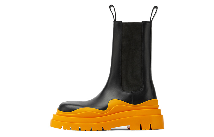 Bottega Veneta Leather Tire Chunky Sole Chelsea Boot Black Tangerine