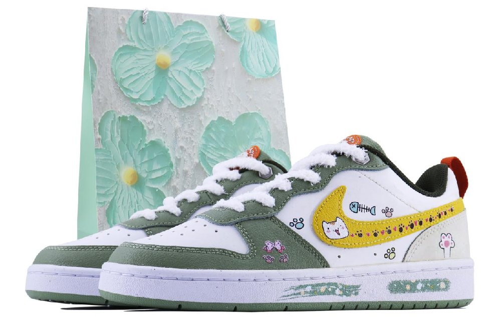 Nike Court Borough Low 2 SDS Kitten Player Slip Resistant Shock Absorbers Low Top Skateboard Shoes GS Yellow Green