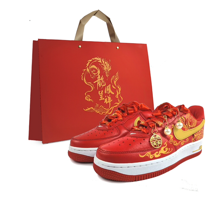 Nike Air Force 1 Anti-Slip Wear-Resistant Low-Top Skateboard Shoes Unisex Gold Red