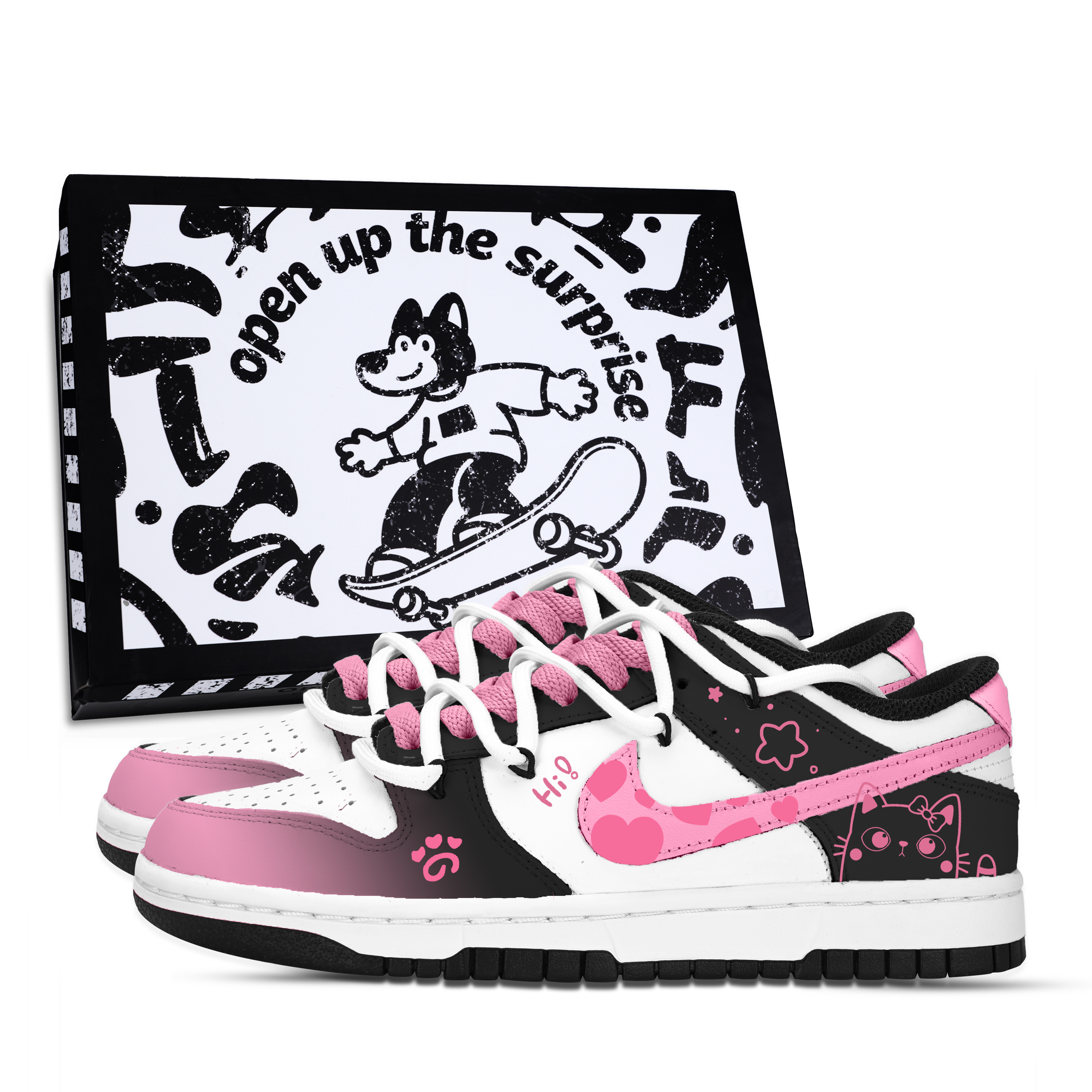 Nike Dunk Peeking Slip Resistant Abrasion Resistant Low top Skateboard Shoes Unisex Pink Black White