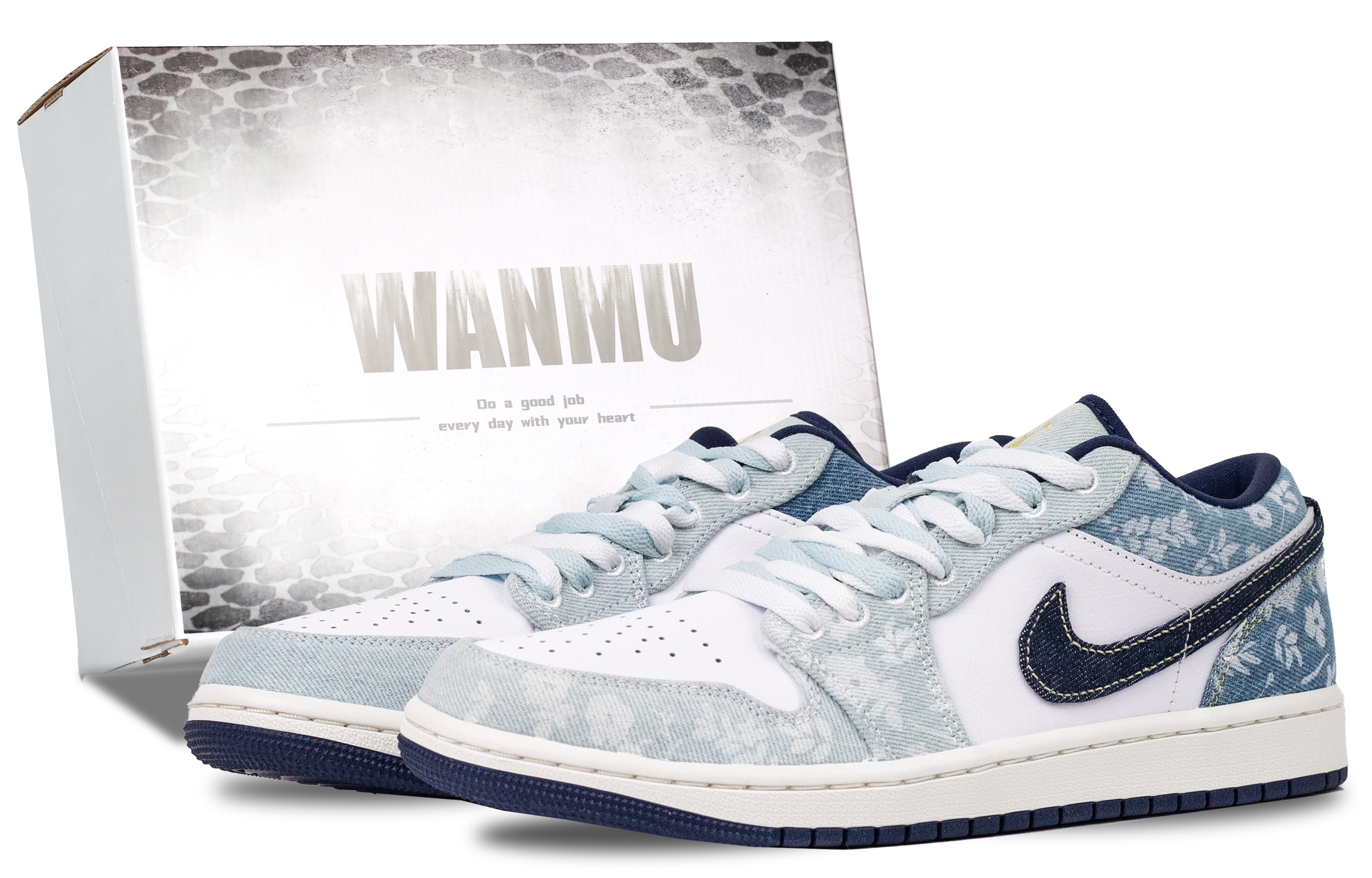 Jordan Air Jordan 1 Monogram Denim Anti Slip Wear Resistant Low Top Vintage Basketball Shoes Men's White Blue