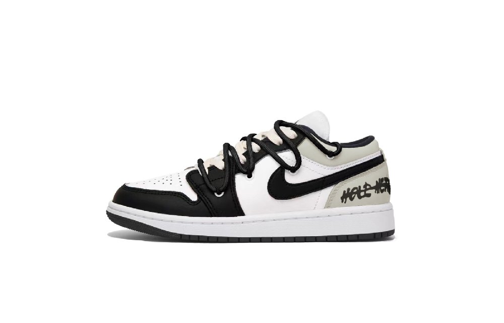 Jordan Air Jordan 1 Puppy Fragment Low-Top Vintage Basketball Shoes Men's Black White Gray
