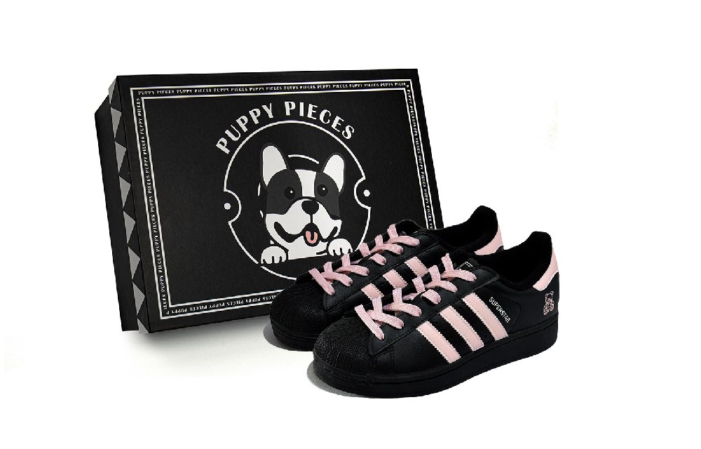 Adidas Originals Superstar 2 Puppy Fragment, Special Shoe Box Low Top Skateboard Shoes Unisex Black Pink