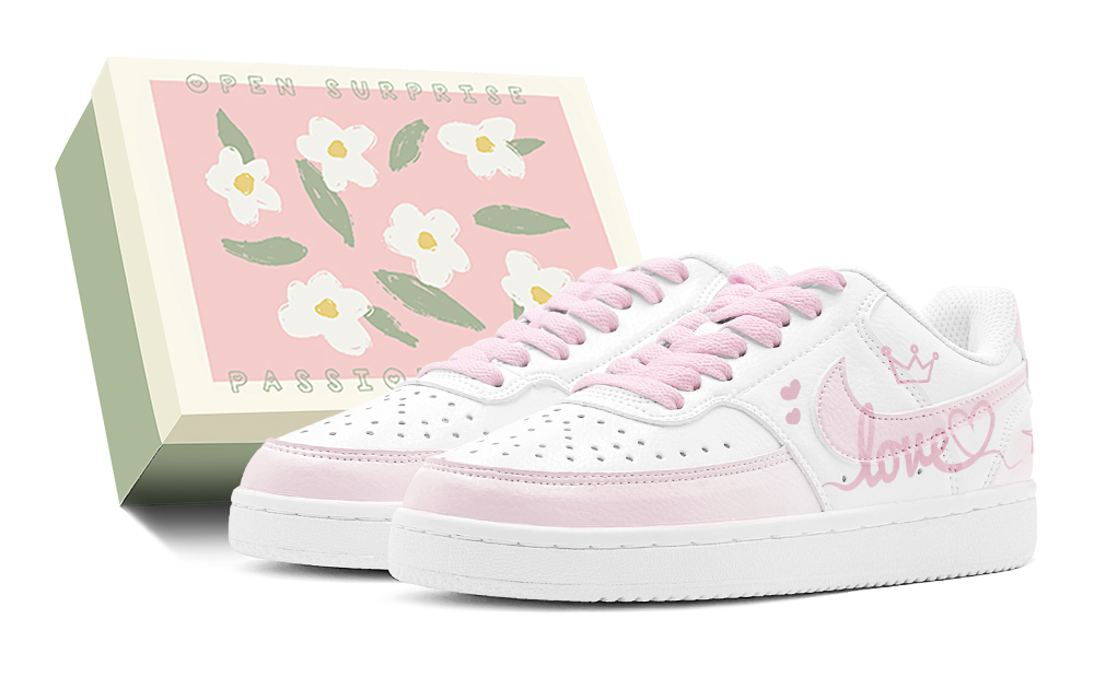 Nike Court Vision 1 White Gift, Love Declaration Low top Skateboard Shoes Women's Pink White