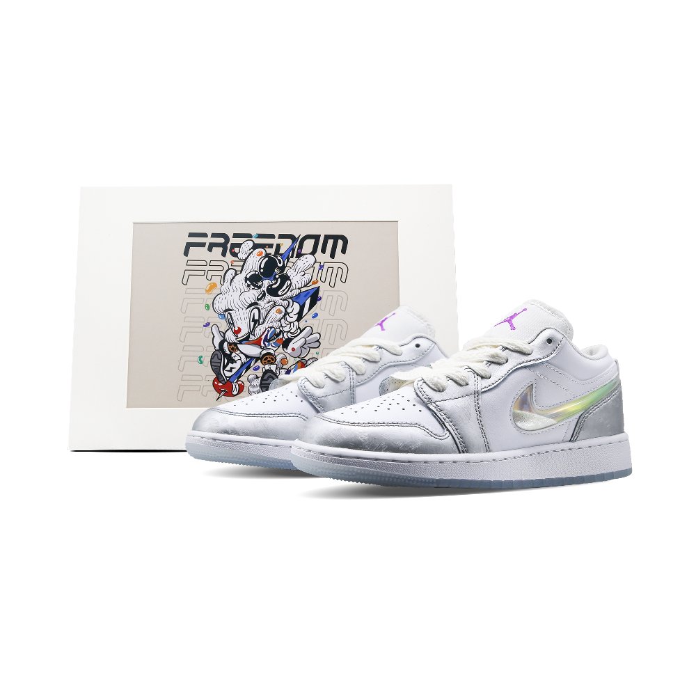 Jordan Air Jordan 1 LOW Silver Adorned, Sand Leakage, Art Book Low Top Vintage Basketball Shoes Women's Silver White