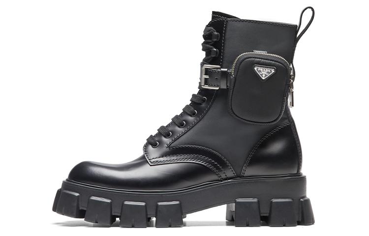 PRADA Monolith 55mm Pouch Ankle Boots Black Brushed Leather And Nylon