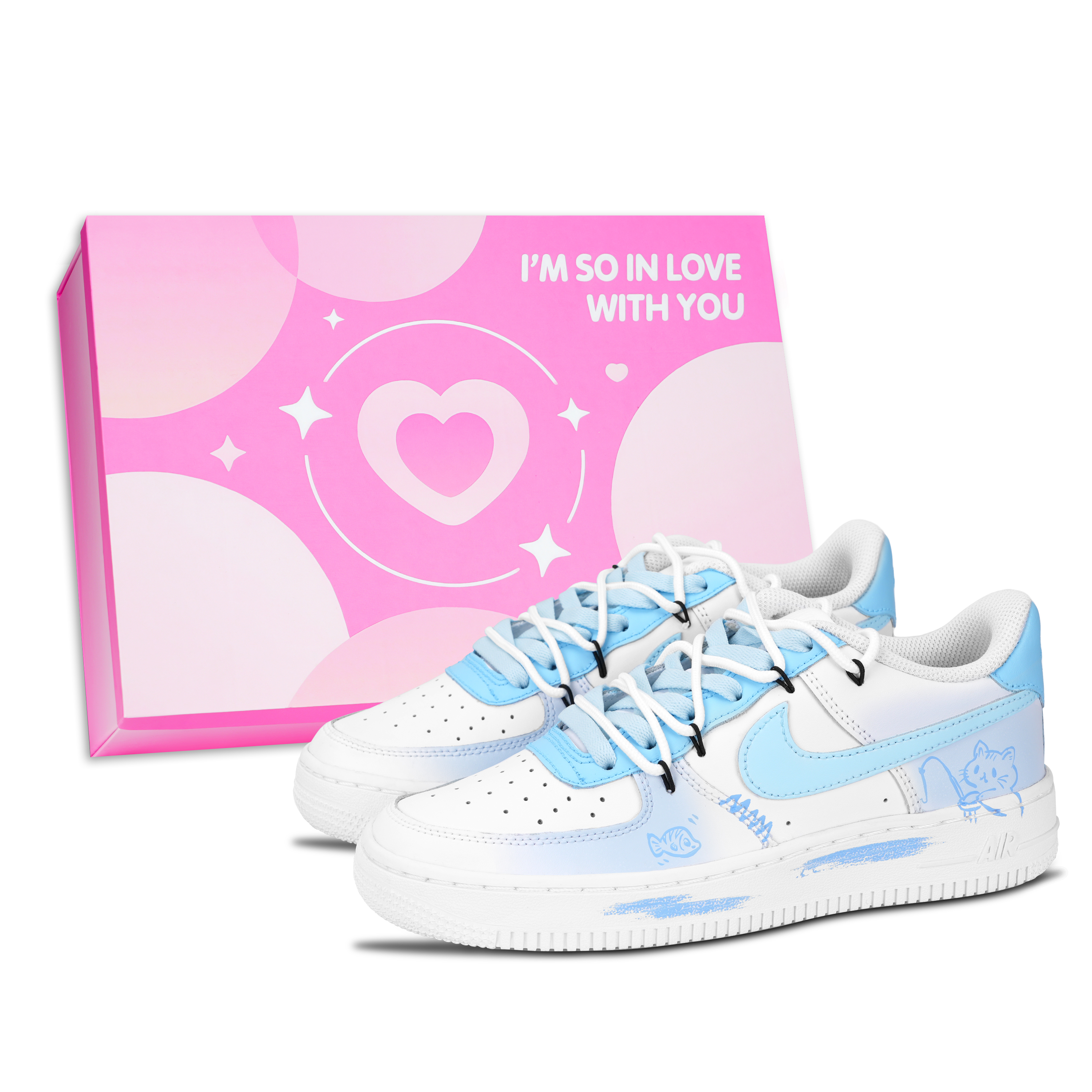 Nike Air Force 1 Kitten Fishing Pink Shoe Box Abrasion Resistant Low top Skateboard Shoes Unisex Blue