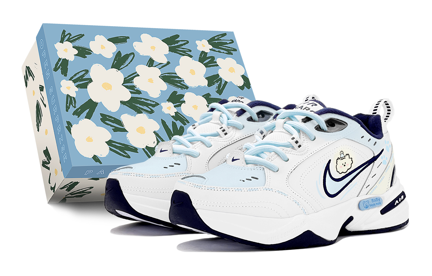 Nike Air Monarch 4 Anti Slip And Wear Resistant Height Increasing Low top Chunky Sneakers Unisex Blue White