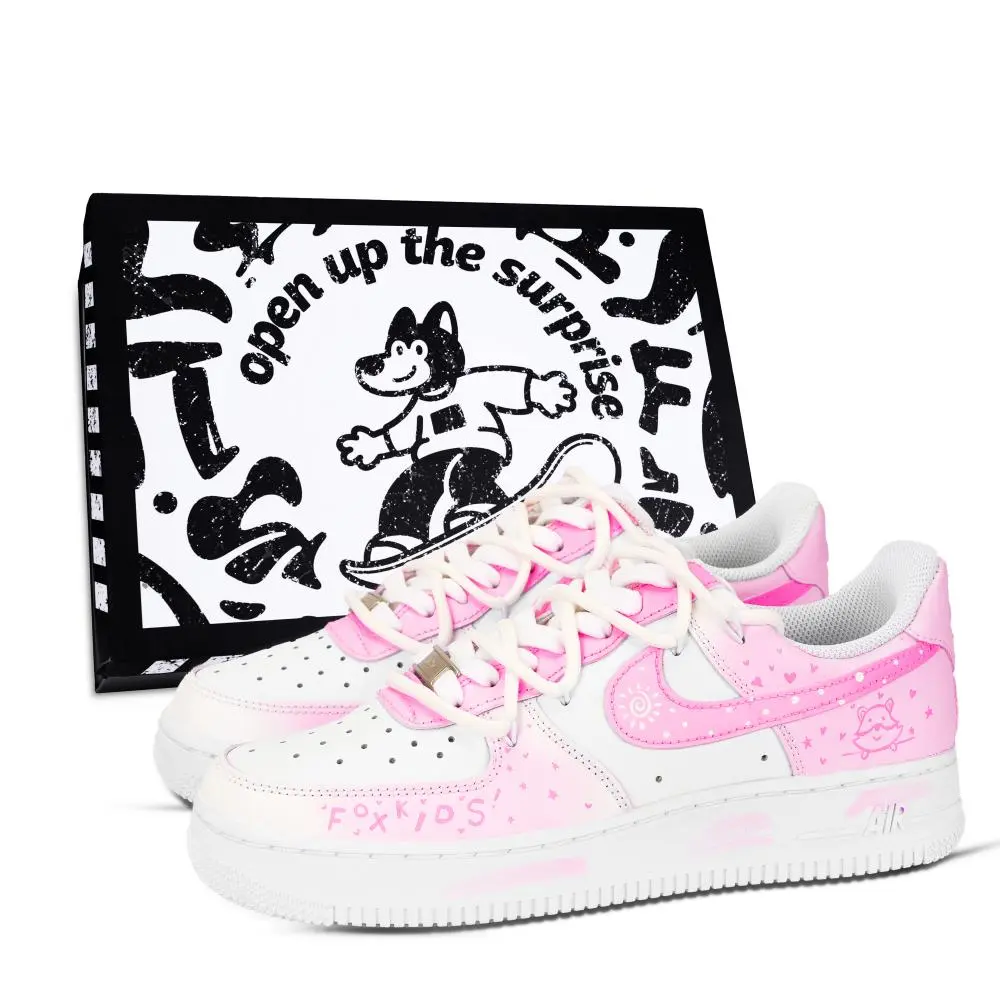 Nike Air Force 1 Cute Fox Shoe Box Abrasion Resistant Low top Skateboard Shoes Unisex Pink White