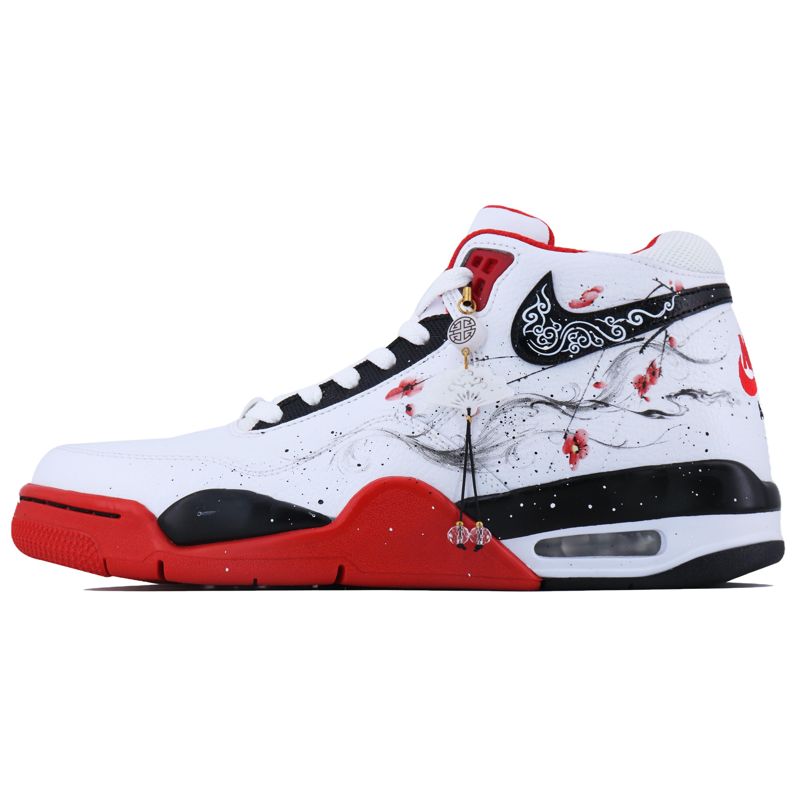 Nike Flight Legacy Ink Plum Blossom Mid top Vintage Basketball Shoes Unisex White Red Black