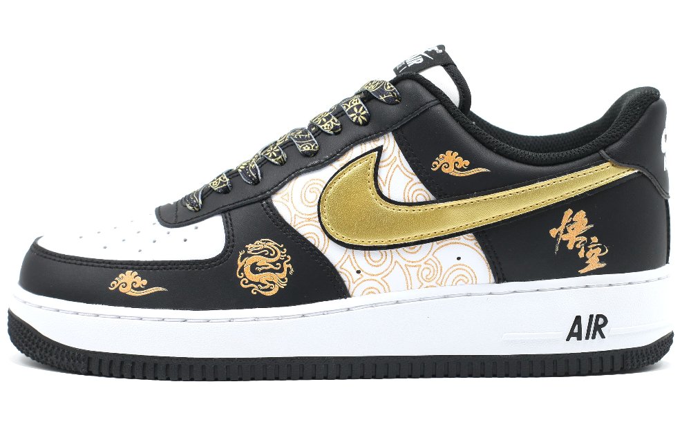Nike Air Force 1 'Panda' Black Mythology Anti Slip Wear Resistant Low Top Skateboard Shoes Unisex Black Gold