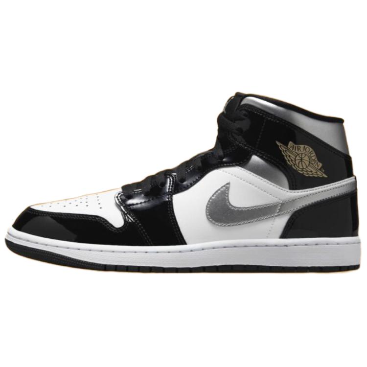 JORDAN 1 Mid Se Patent Black White Metallic Silver Metallic Gold