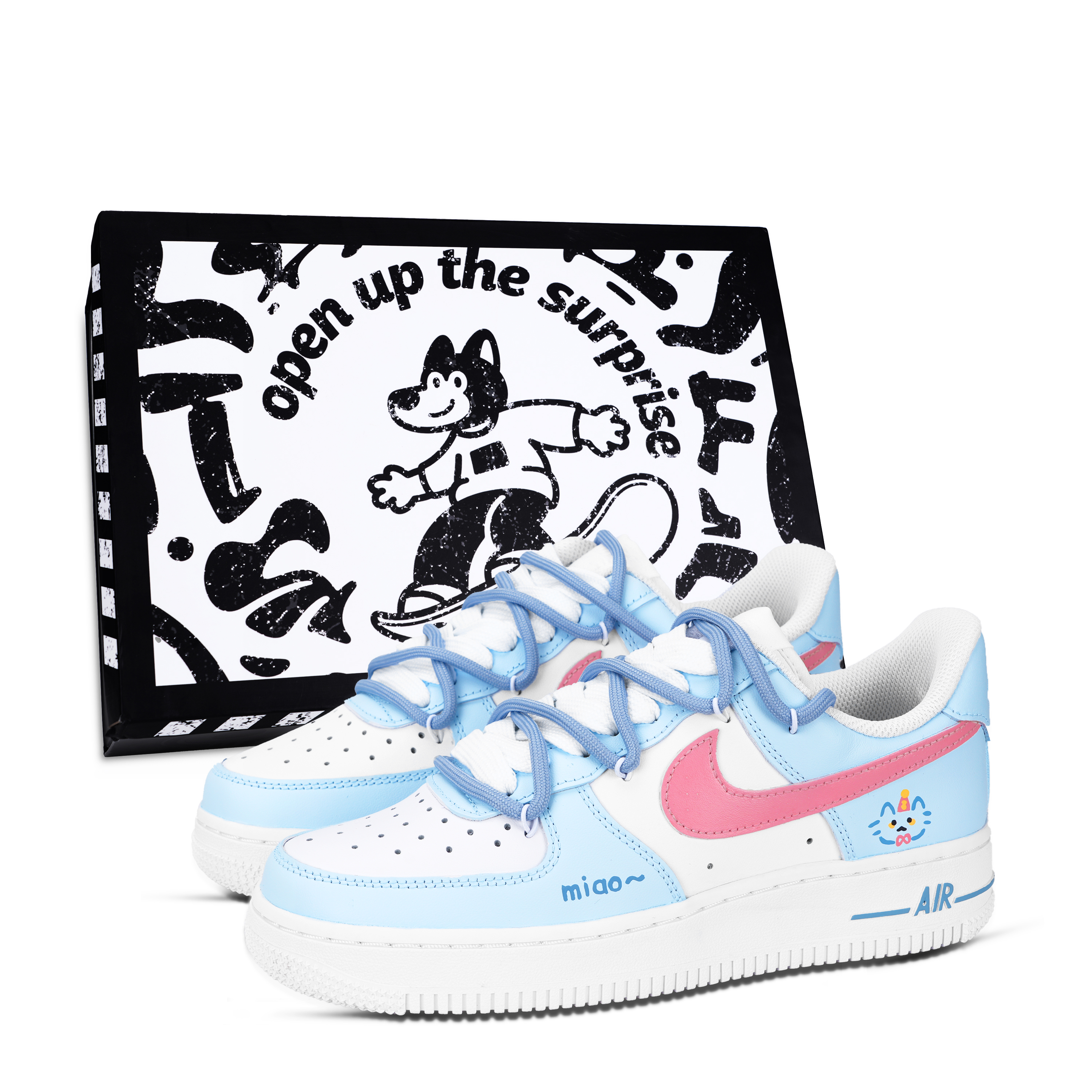 Nike Air Force 1 Meowth Kitten Abrasion Resistant Low top Skateboard Shoes Unisex Blue White Red