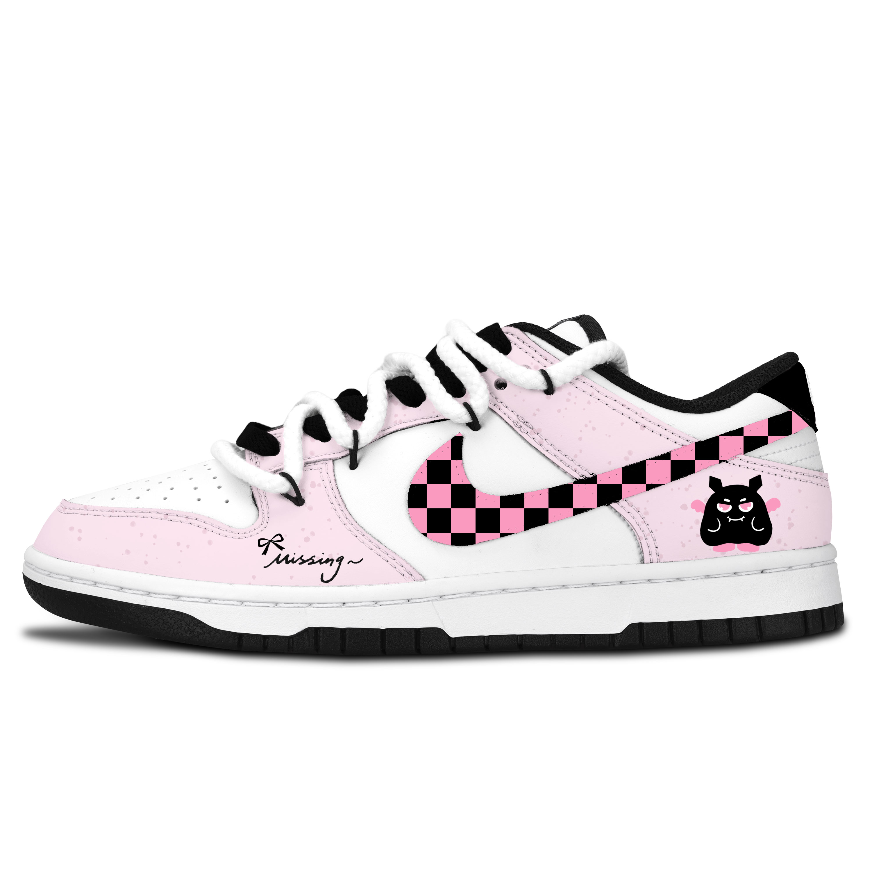Nike Dunk Black White, Pink Plaid, Magic Elf Abrasion Resistant Low top Skateboard Shoes Unisex Black Pink