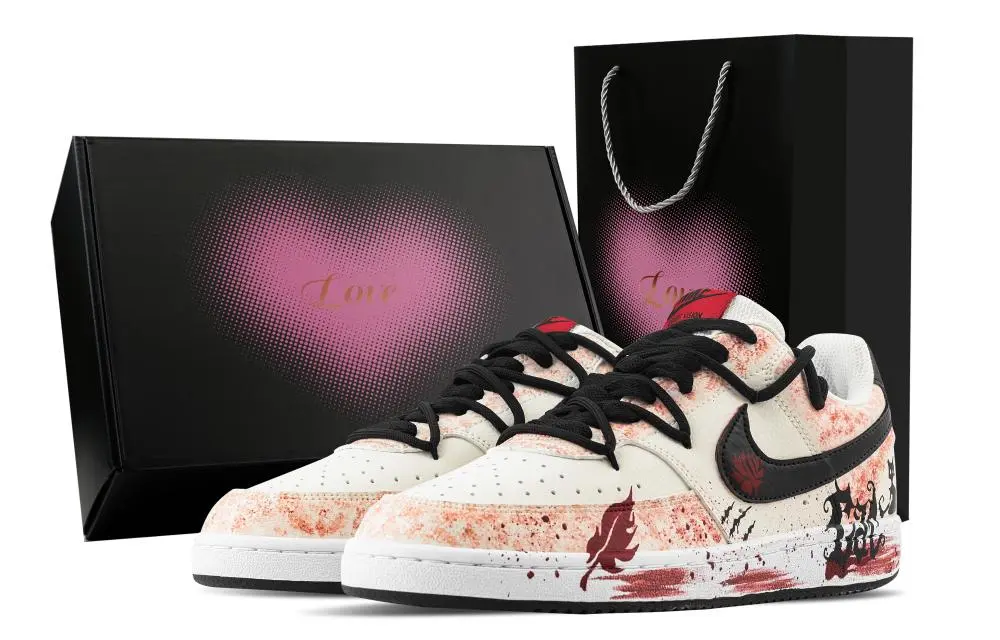 Nike Court Vision 1 Blood Red Black Cat, Heart Box Abrasion Resistant Low Top Skateboard Shoes Men's White Red
