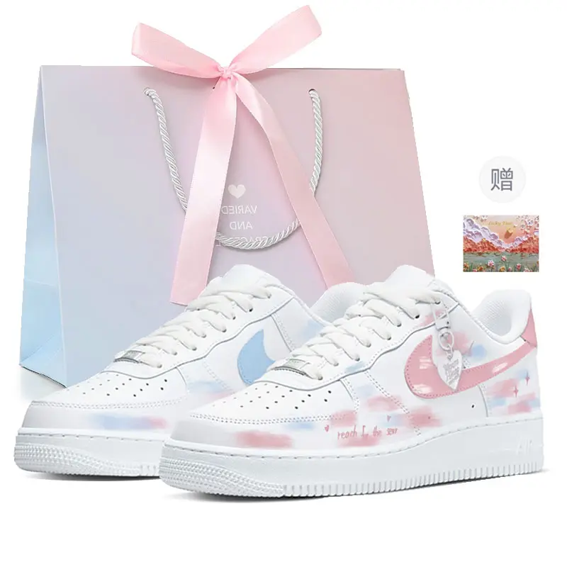 Nike Air Force 1 Pink Mist Sky, Shopping Bag, Mismatched Color Low top Skateboard Shoes Women's Blue Pink