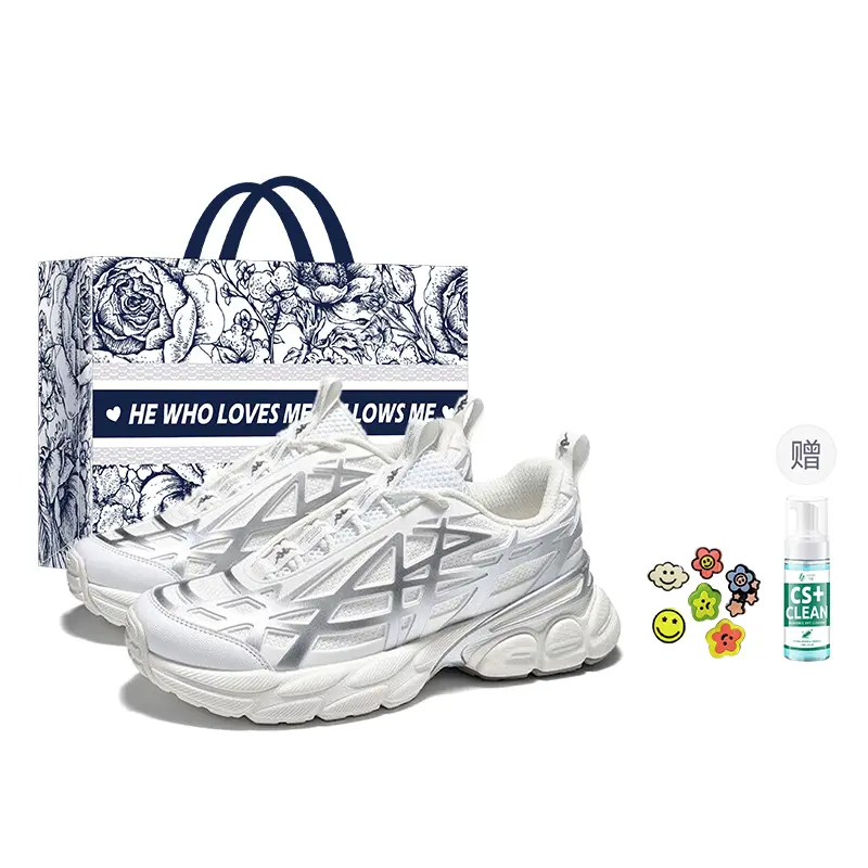 Kappa Anti Slip Wear Resistant Low Top Chunky Sneakers Unisex Classic White Silver