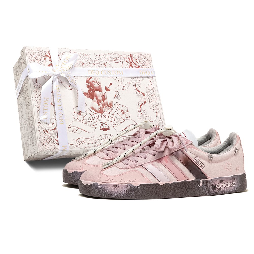 Adidas VL COURT 2.0 Da Vinci, Pink Butterfly Shock Absorbers Low Top Skateboard Shoes Unisex Pink Brown