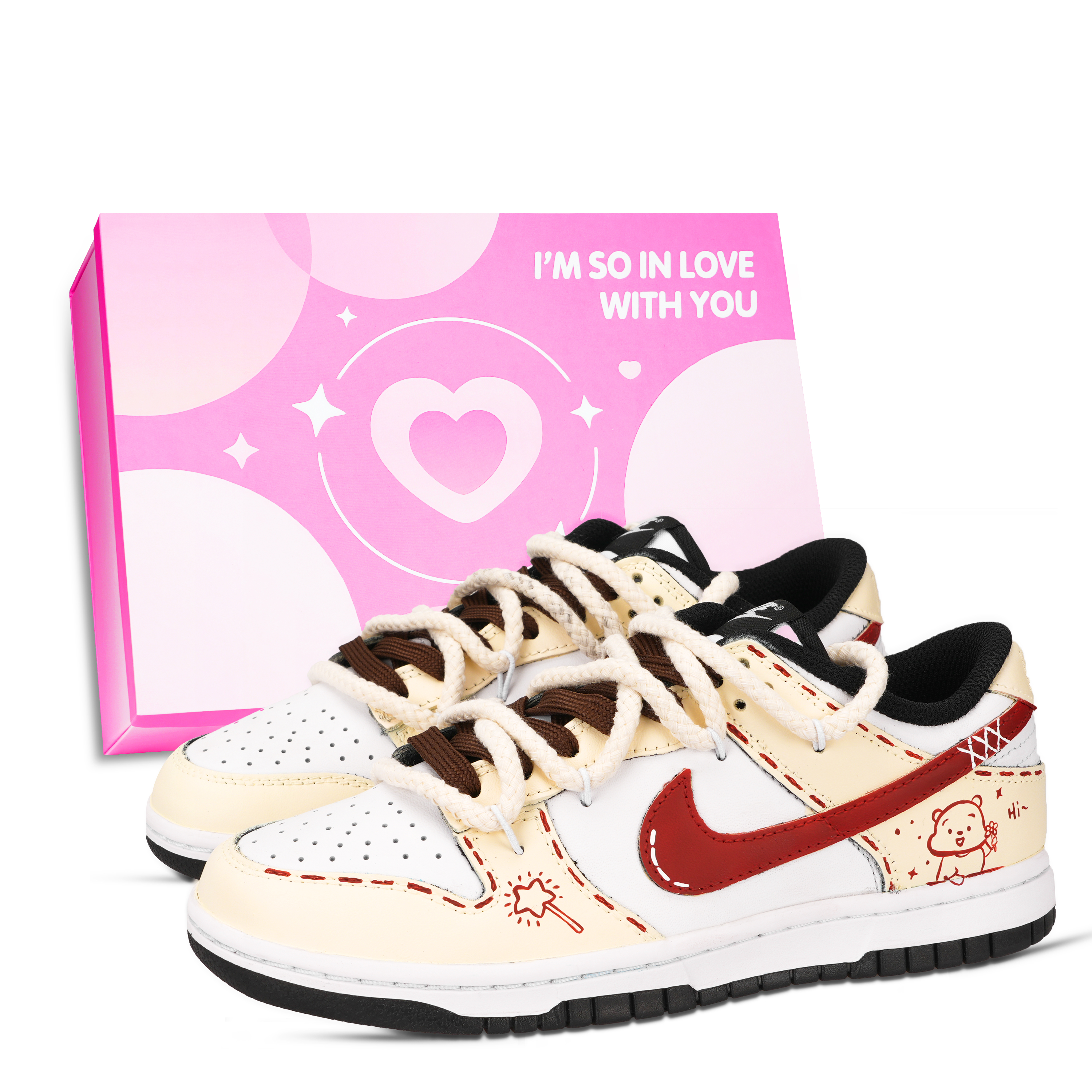 Nike Dunk Black White, Sugar Star Bear Abrasion Resistant Low top Skateboard Shoes Unisex White Yellow Brown