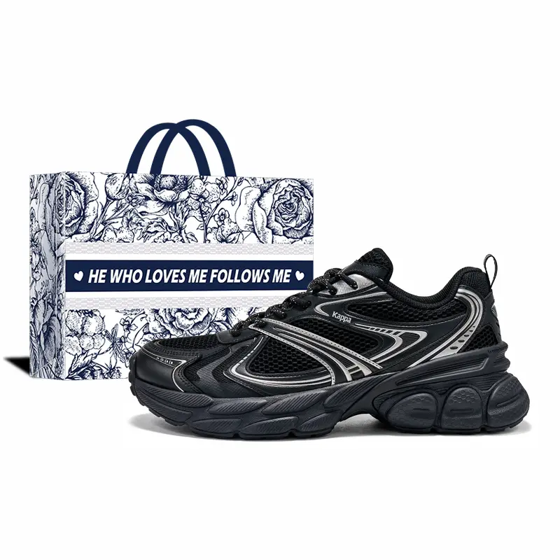 Kappa Anti-Slip Wear-Resistant Breathable Lightweight Height Increasing Low-Top Chunky Sneakers Unisex Black Silver