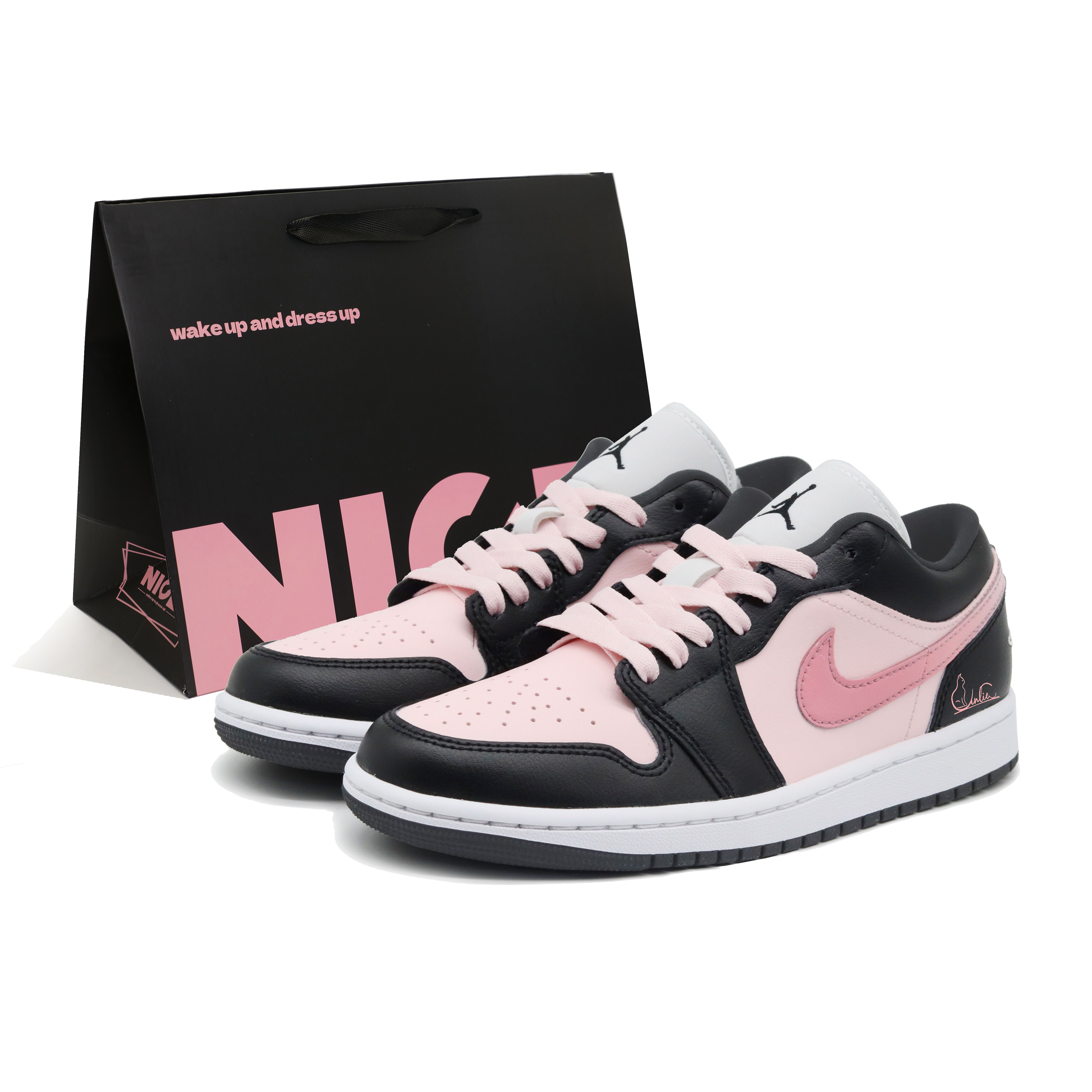 Jordan Air Jordan 1 Gradient Cat Abrasion Resistant Low top Vintage Basketball Shoes Unisex Black Pink