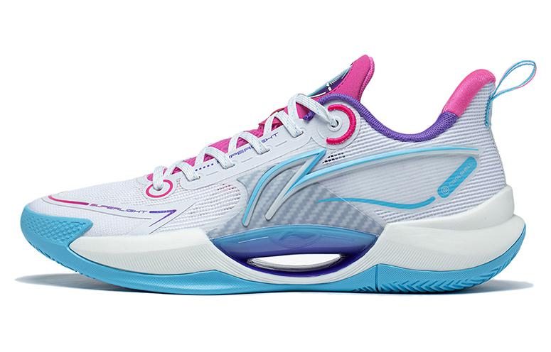 LiNing Super Light V2 Breathable Support Cushioning Wear-Resistant Rebound Low-Top Basketball Shoes White Blue Purple