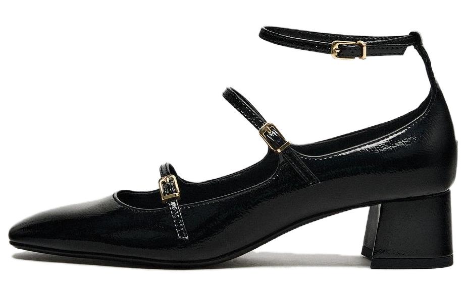 ZARA Chunky Heel Mary Jane Shoes 4cm Women's Black