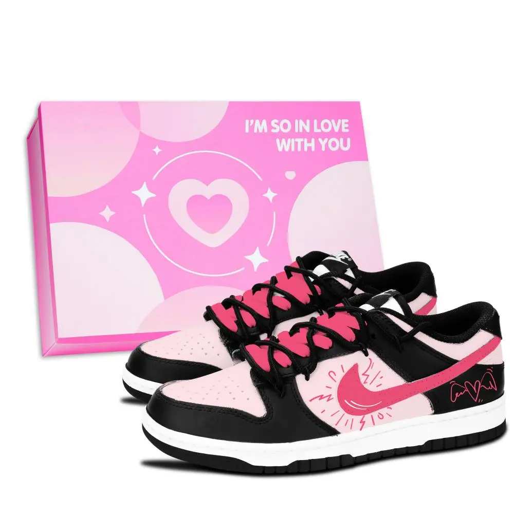 Nike Dunk Black White, Pink Wing Sweetheart Abrasion Resistant Slip Resistant Low top Skateboard Shoes Unisex