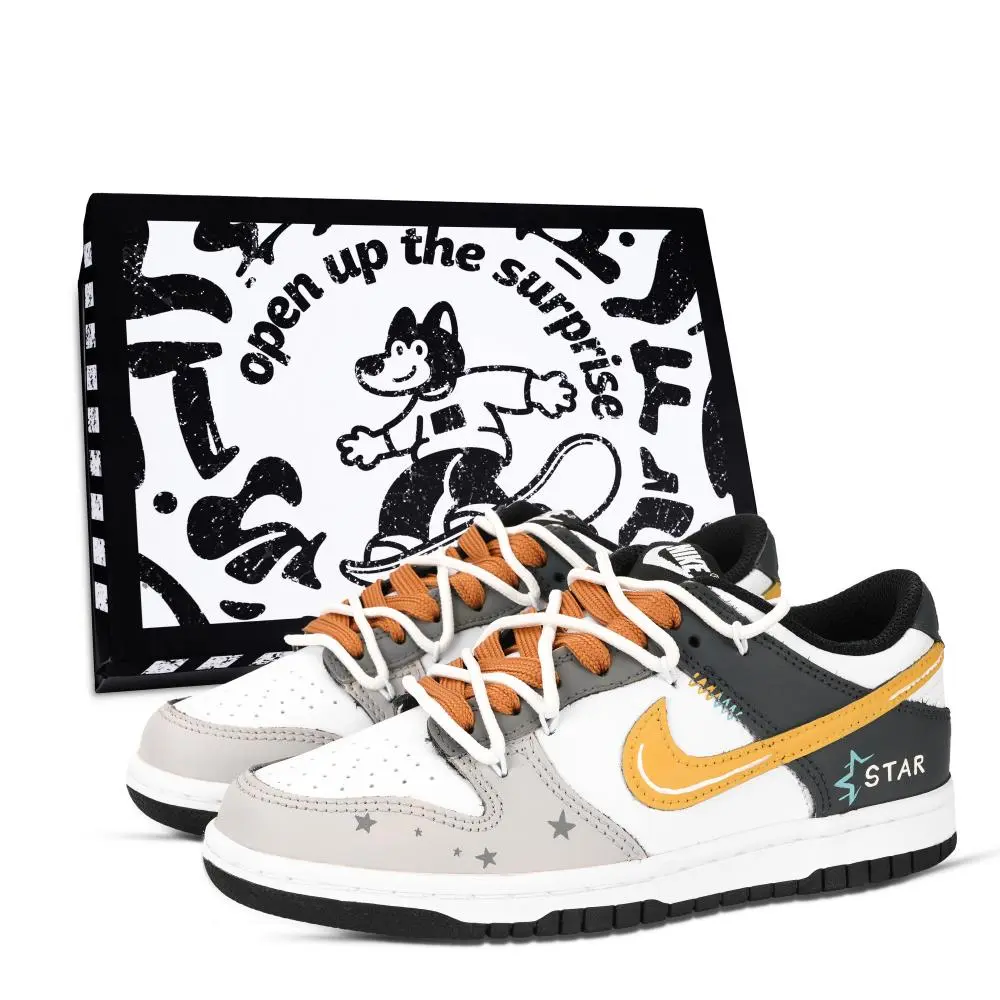 Nike Dunk Black White, Vintage Star Abrasion Resistant Low Top Skateboard Shoes Unisex Orange Yellow Black