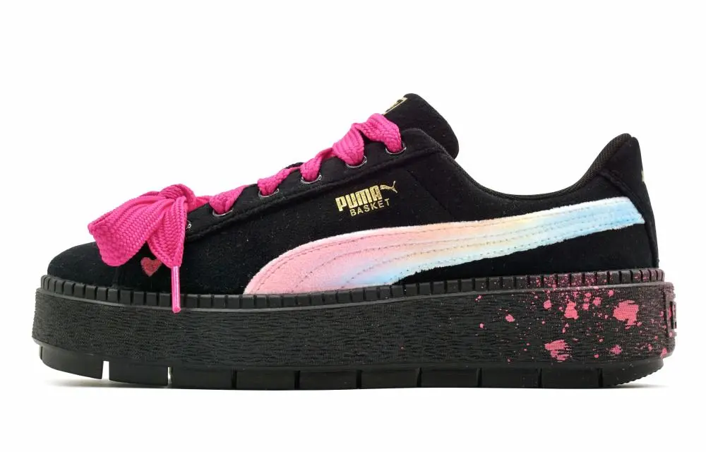 PUMA Platform Trace Rainbow Bridge Non slip Lightweight Low Top Skateboard Shoes Women's Black Pink