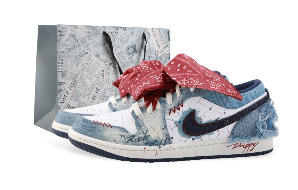 Jordan Air Jordan 1 Drippy Soul Rock Cushioning, Wear Resistant Low top Vintage Basketball Shoes Men's White Blue Red