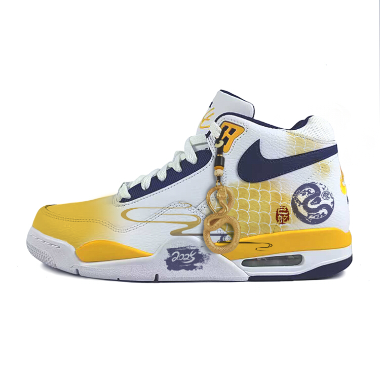 Nike Flight Legacy Cushioning Anti-Slip And Wear-Resistant Mid-Top Vintage Basketball Shoes Men's White Blue Yellow