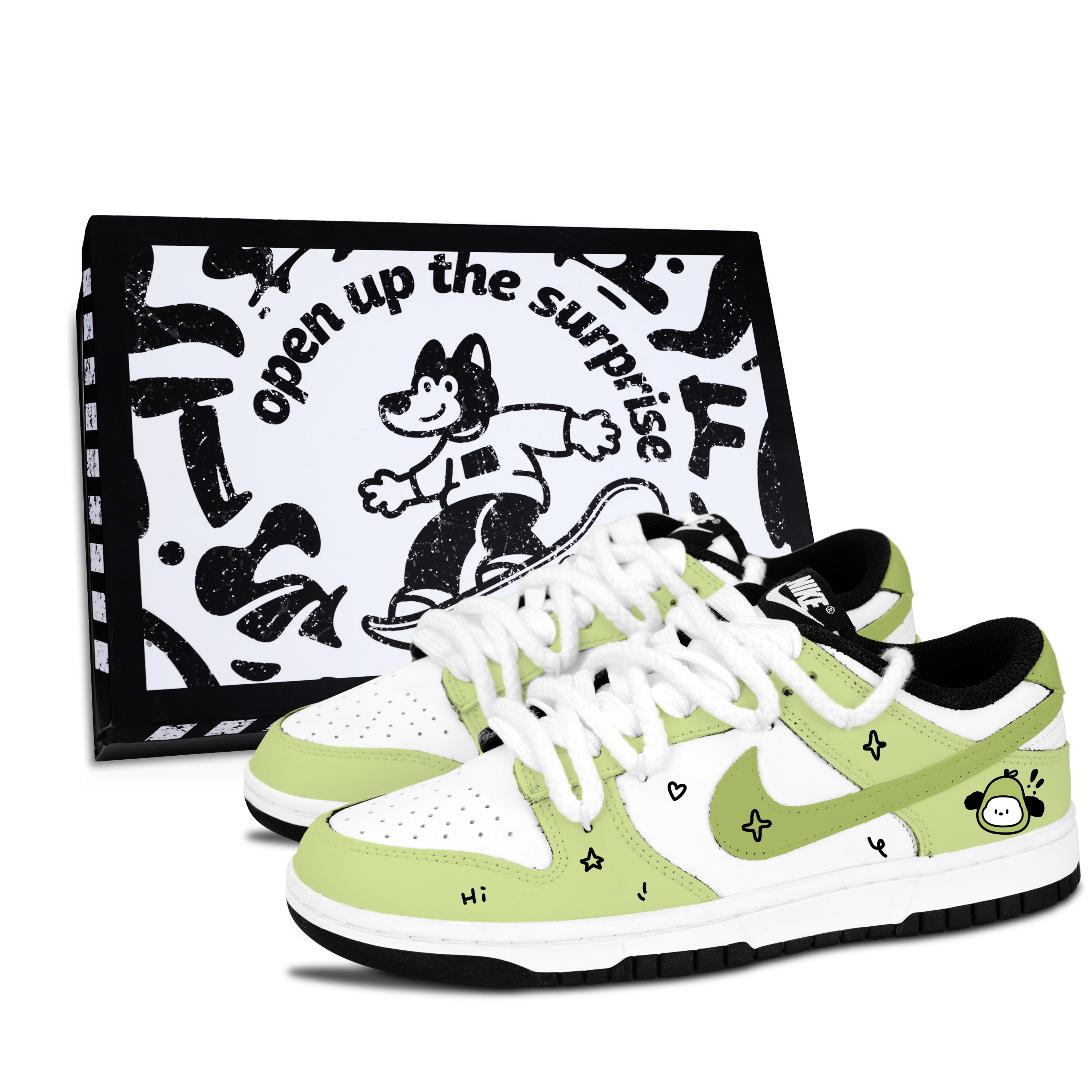 Nike Dunk Black White, Green Fruit Dog Slip Resistant Abrasion Resistant Low top Skateboard Shoes Unisex