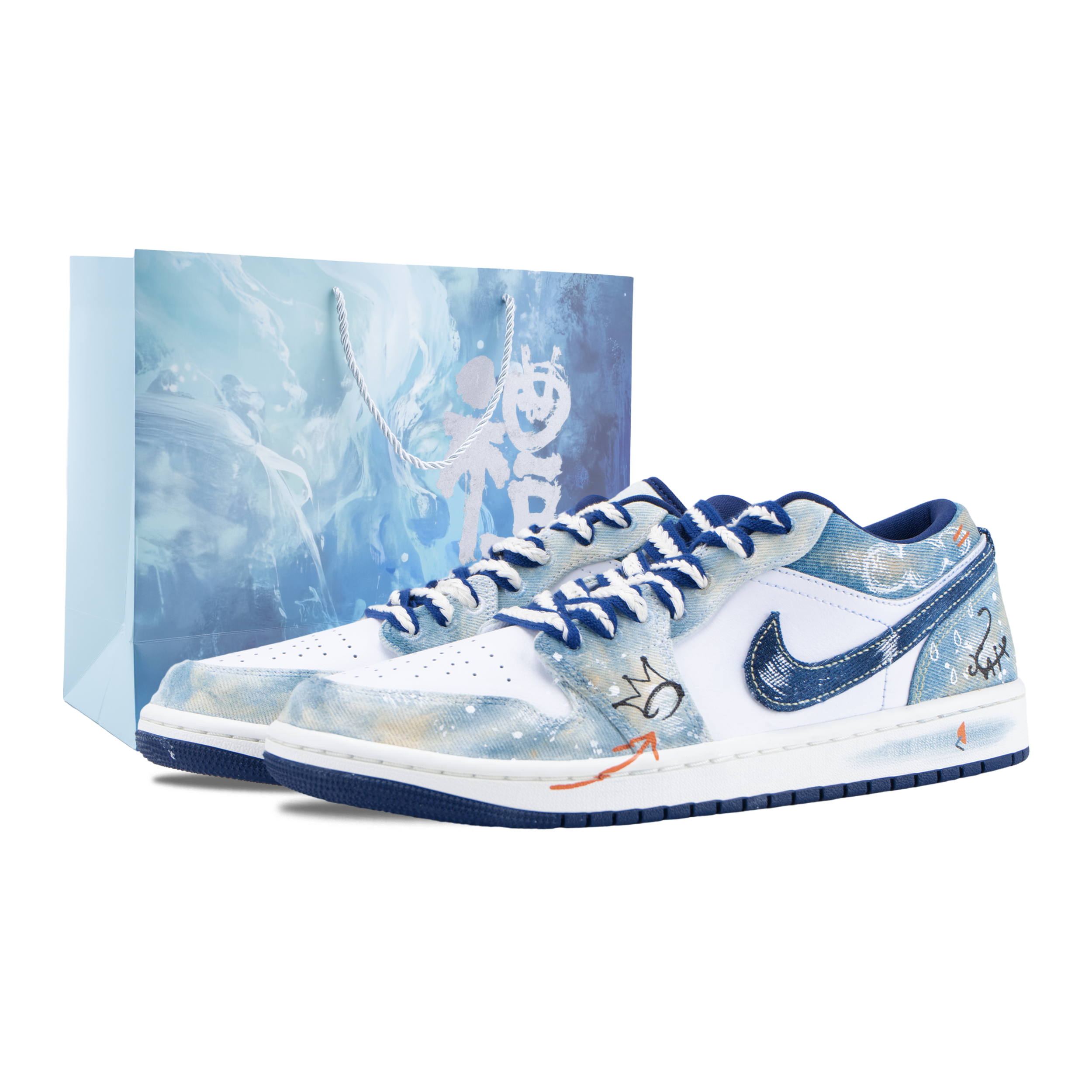 Jordan Air Jordan 1 Graffiti Denim Abrasion Resistant Low top Vintage Basketball Shoes Men's White Blue