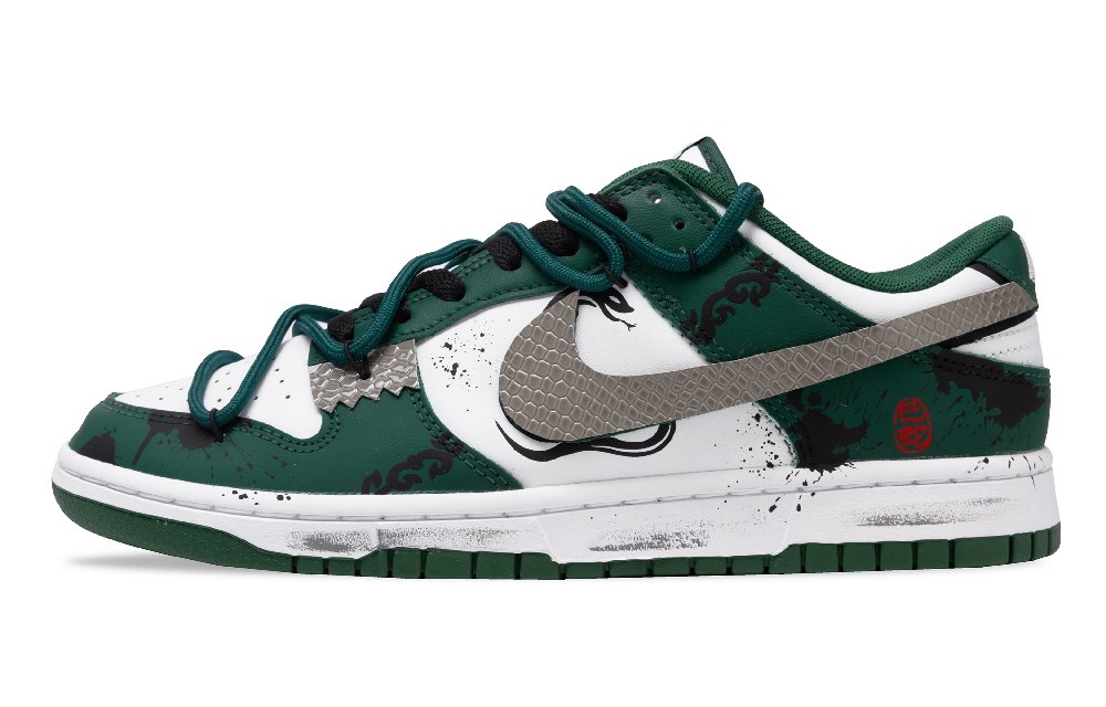 Nike Dunk Draw A Snake To Add Fortune Slip-Resistant Low-Top Skateboard Shoes Unisex White Green