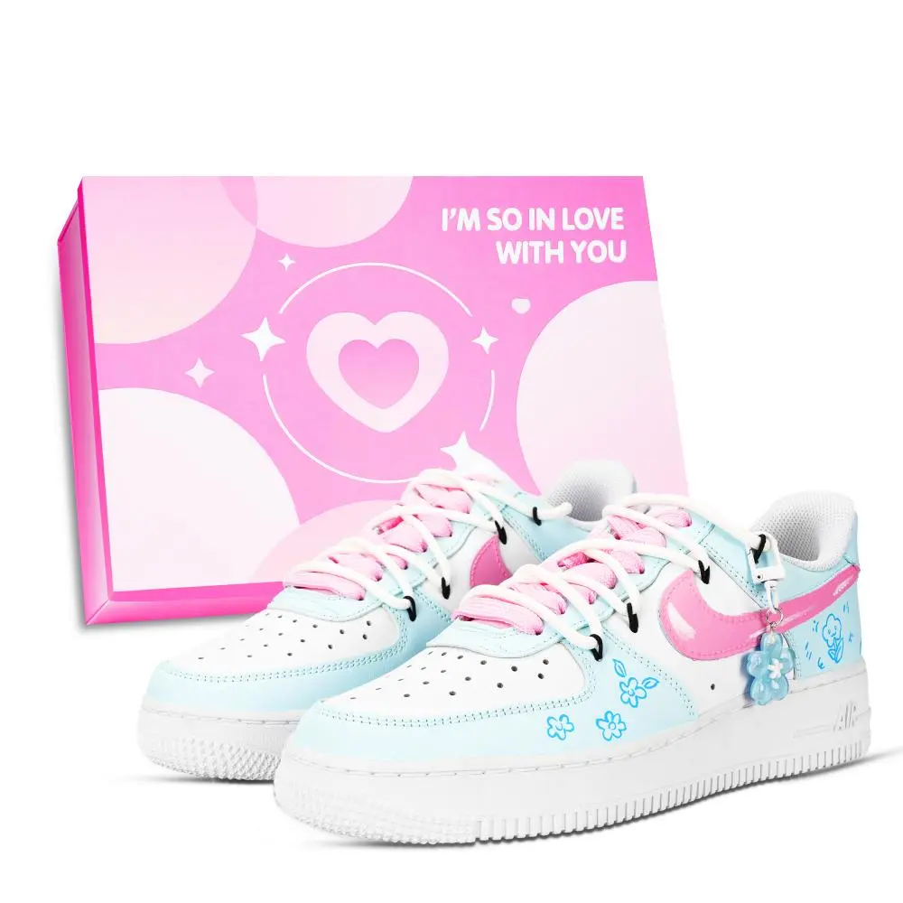 Nike Air Force 1 Flower Painted Leaf Language Abrasion Resistant Low Top Skateboard Shoes Unisex Blue Pink White