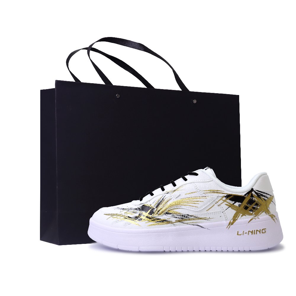 LiNing Pontoon Boats Abrasion Resistant, Lightweight, And Breathable Low Top Skateboard Shoes Unisex White Black Gold
